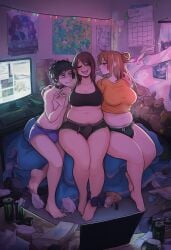 1boy 1boy2futas 2futas affectionate ai_generated arm_around_partner arm_around_shoulder arm_around_shoulders arm_over_shoulder blush bulge bulge_through_clothing chubby chubby_futa computer feet futa_on_male futa_with_male hugging large_breasts male messy_room nervous plushie poster poster_(object) posters precum precum_through_clothing smiling smoking smoking_weed sports_bra sweat sweaty trans_woman transgender transgender_woman