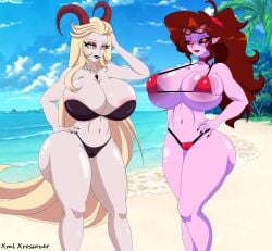 2demons 2girls bikini blonde_hair child_bearing_hips crossover curly_hair demon demon_girl demon_horns female fnf friday_night_funkin hand_behind_head hand_on_hip hazbin_hotel hellaverse horns huge_ass huge_breasts lilith_morningstar_(hazbin_hotel) long_hair milf mommy_mearest pale-skinned_female pale_skin ponytail purple-skinned_female purple_skin red_eyes red_hair self_upload straight_hair sunglasses_on_head thick_thighs thight_clothing thong very_long_hair vivziepop white_eyes wide_hips xml_xrossover(artist)