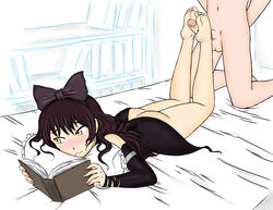 area_(artist) barefoot black_hair blake_belladonna blush book bow faceless_male feet female footjob multitasking penis rwby soles toes yellow_eyes