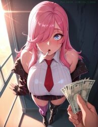 ai_assisted ai_generated battle_academia_katarina battle_academia_series blue_eyes exposed_shoulders hair_over_one_eye high_heels jacket katarina_du_couteau league_of_legends long_hair mismatched_legwear money necktie offering_money oujisan patreon patreon_url patreon_username pink_hair prostitution self_upload skirt stockings tagme white_shirt