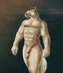 abs anthro balls brown_hair equid equine flaccid foreskin front_view genitals hair hi_res horse humanoid_genitalia humanoid_vulva looking_at_viewer male male_anthro mammal mouth_closed muscular muscular_anthro muscular_male nude orange_eyes pecs penis portrait satanic_monkey short_hair solo standing tail three-quarter_portrait vulva white_balls white_body white_penis white_tail