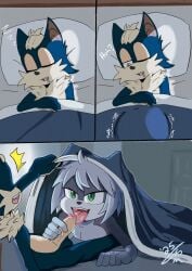 absurd_res anthro balls bat bed bodily_fluids comic digital_media_(artwork) drool_on_face drooling duo ekko_(tabascomilk) english_text erection eye_contact fan_character fangs fellatio fluffy fluffy_chest fur furniture genital_fluids genitals gesture glistening glistening_eyes hair half-closed_eyes hand_gesture handjob handjob_gesture hi_res leaking_precum licking lifting_covers long_tongue looking_at_another looking_down lying lying_and_blow_position lying_on_another lying_on_bed male male/male mammal narrowed_eyes neck_tuft nude on_back on_bed one_eye_closed onomatopoeia open_mouth open_smile oral penile penis penis_lick precum saliva saliva_string seductive sega sex shocked sleeping sleeping_nude smile sonic_(series) sonic_the_hedgehog sonic_the_hedgehog_(series) sound_effects spread_legs spreading suggestive suggestive_gesture surprised surprised_expression surprised_face tabascomilk teeth text tongue tongue_out tongue_out_fellatio tonguejob tuft under_blanket under_covers vein veiny_penis woken_up