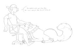 5_toes alex_(gears9333) bodily_fluids bracelet canid canine canis chair claws clothing collar cum cum_on_face domestic_dog duo english_text feet fellatio female feral fur furniture genital_fluids hair halbean hi_res human human_on_feral husky interspecies jewelry male male/female mammal monochrome nordic_sled_dog office_chair oral paws penile quadruped sex shirt spiked_bracelet spiked_collar spikes spitz tail text toes topwear zoophilia
