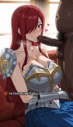 1boy ai_generated armor bare_shoulders blue_skirt blush boobplate breastplate breasts cleavage collarbone couch dark-skinned_male dark_skin erection erza_scarlet fairy_tail fellatio female gauntlets hair_over_one_eye heart indoors interracial large_breasts large_penis long_hair looking_at_viewer male_pubic_hair meitabuu mosaic_censoring nude on_couch oral penis pleated_skirt pubic_hair purple_eyes red_hair saliva shoulder_armor sitting skirt solo_focus straight stray_pubic_hair sweat testicles tongue tongue_out uncensored veins veiny_penis window