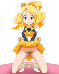 blonde_hair bow clothing clover cure_honey earrings female flashing fully_clothed hair_ornament hairy hairy_pussy happinesscharge_precure! heels high_heel_boots jewelry jouwan kneeling long_hair long_ponytail looking_at_viewer magical_girl oomori_yuuko panties panties_around_ankles panties_down ponytail precure pretty_cure pubic_hair short_sleeves skirt skirt_lift small_breasts smile smiling solo tied_hair wavy_hair yellow_eyes yellow_skirt