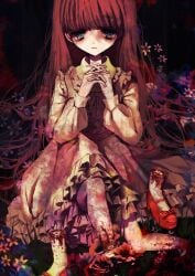 absurdres akubichan_cute andersen's_fairy_tales blood blood_on_leg blue_eyes blush commentary_request crying crying_with_eyes_open dark dress exposed_bone exposed_muscle female flower guro highres interlocked_fingers karen_(andersen) long_hair looking_at_viewer original red_flower red_shoes sad severed_leg severed_limb shoes socks solo tears the_red_shoes_(andersen) white_dress white_socks