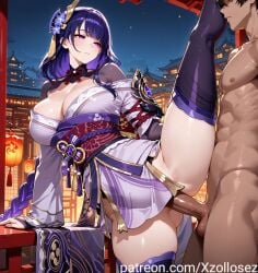 ai_generated blush genshin_impact hair_ornament large_breasts long_hair long_sleeves patreon patreon_username purple_eyes purple_hair raiden_shogun standing_on_one_leg standing_sex stockings vertical_splits xzollosez