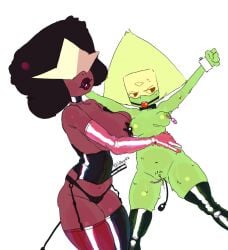2girls areolae ball_gag bdsm_gear bdsm_outfit big_breasts big_dom_small_sub bondage bondage_outfit cartoon_network clothed_female_nude_female duo erect_nipples female femdom femsub functionally_nude gagged gagged_female garnet_(steven_universe) garter_straps idbgnfz latex pasties peridot_(steven_universe) restrained restrained_wrists riding_crop shaved_pussy shiny_clothes size_difference steven_universe sweat vibrator vibrator_in_pussy visor whip yuri