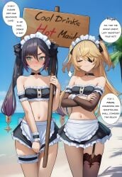 2girls ai_generated alternate_costume apron arm_garter bandeau bare_shoulders beach bikini black_choker black_hair black_ribbon black_skirt black_thighhighs blonde_hair blue_sky blush bow breasts bridal_garter choker closed_eyes closed_mouth cloud collarbone cowboy_shot crop_top crossed_arms day detached_sleeves earrings embarrassed english_text enmaided eyepatch female fischl_(genshin_impact) frilled_skirt frills garter_straps green_eyes hair_ornament hair_over_one_eye hair_ribbon holding jewelry long_hair maid maid_apron maid_bikini maid_headdress midriff miniskirt mona_(genshin_impact) multiple_girls nail_polish navel ocean outdoors purple_hair purple_nails ribbon single_garter_strap single_thighhigh skirt sky small_breasts smile speech_bubble standing star_\\\\\\\\(symbol\\\\\\\\) star_earrings stomach strapless swimsuit thigh_strap thighhighs thighs tree twintails two_side_up vysetf waist_apron wrist_cuffs