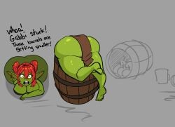 1girls alternate_version_available ass ass_bigger_than_torso ass_focus ass_out ass_up barrel big_breasts english_text fat_ass goblin goblin_female herbjive huge_ass loincloth simple_background stuck stuck_in_object thick_ass thick_thighs yellow_eyes