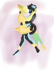 anthro anthro_on_anthro bed cock cuddling furry furry_only futa_on_futa futanari futanari green_cock nyanro93 oc original_character original_characters precum smile