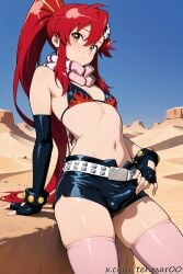 1boy ai_generated belt bikini bikini_top_only bulge desert femboy genderswap_(ftm) long_hair male penis_outline ponytail red_hair rule_63 scarf short_shorts skull_hair_ornament socks solo tagme tehmar tengen_toppa_gurren_lagann thigh_socks trap yellow_eyes yoko_littner