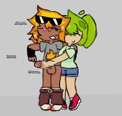 about_to_cum bad_anatomy battle_for_dream_island bfb bfdi consensual fire_hair firey_(bfdi) from_behind from_behind_position gijinka green_hair handjob leaf_hair leafy_(bfdi) masturbating_other no_pants object_shows orange_hair osc part_2 personification sunglasses_on_head yellow_hair