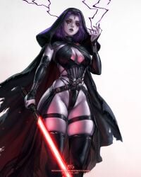 artist_name big_breasts blondynkitezgraja btg busty cleavage cleavage_cutout crossover dc dc_comics grey_skin lightening lightsaber purple_hair raven_(dc) red_eyes sith sith_lady skimpy small_waist star_wars teen_titans thick_thighs thigh_strap thighhighs thighs white_background