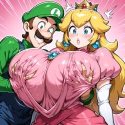 1boy 1girls ai_generated armwear big_breasts blonde_hair blue_eyes blue_overalls breasts breasts_grab brown_hair clothing crown dress duo ear_piercing enormous_breasts facial_hair female gigantic_breasts green_hat green_shirt groping_breasts hands_on_breasts hat large_breasts light-skinned_female light-skinned_male light_skin long_hair looking_at_viewer luigi male male/female mario_(series) massive_breasts mature mature_female mature_male nintendo overalls pink_dress princess princess_peach royalty shirt smiling teeth upper_body voluptuous voluptuous_female white_armwear