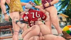 anal anal_sex beard blowjob blowjob_while_penetrated censored censored_penis daddy dilf domredsins foursome gay grabbing_penis half-dressed male male_only multiple_boys multiple_males multiple_penises oral oral_sex overwatch riding riding_penis soldier_76 white_hair
