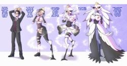 accident accidental_exposure anatid anseriform anserinae anthro avian avian_feet bent_legs bird breasts clothing corset_dress cosplay crown demon dress exposed_breasts eyelashes eyewear feather_dress feather_hair feathers female gender_transformation glasses half_naked hand_on_breast headgear helluva_boss hi_res human magical_transformation male mammal mini_comic mtf_transformation pseudo_hair red_eyes shocked solo species_transformation stella_(helluva_boss) suit suit_jacket surprise surprised_expression swan tearing_clothing text thick_eyelashes torn_clothing transformation unexpected_erection vigfrid-tf white_body white_feathers wide_eyed