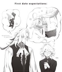 1boy 1girls ahoge artist_name blowjob blush bonbon_(bonesofbeskar) bonesofbeskar breasts couple couple_(romantic) diphallia diphallism dragon_boy dragon_cock dragon_dick dragon_penis english_text fantasizing fellatio female furina_(genshin_impact) genshin_impact giving_head handholding heart heart_ahoge horny_female imagining interlocked_fingers long_hair_male male monochrome multi_genitalia multi_penis neuvillette_(genshin_impact) oral_sex penis petite short_hair_female size_difference small_breasts smaller_female streaked_hair taller_male thinking thinking_cloud two_tone_hair unusual_anatomy unusual_genitalia unusual_penis white_hair