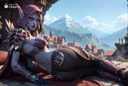 1girls ai_generated armor artist_name ass bikini_armor blonde_hair blue_skin boots breasts cape colored_skin day elf gloves hi_res hood large_breasts long_hair looking_at_viewer lying medium_breasts mountain on_side outdoors parted_lips pauldrons pointy_ears r34arts red_eyes shoulder_armor sky solo sylvanas_windrunner town undead warcraft warcraft_3 world_of_warcraft