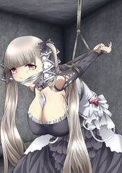 azur_lane between_breasts black_dress bondage bondage bound breasts cleavage cloth_gag dress earrings female formidable_(azur_lane) frilled_dress frills gag gagged grey_hair hachikumo highres improvised_gag jewelry large_breasts long_hair looking_at_viewer red_eyes ribbon solo tied_up twintails two-tone_dress two-tone_ribbon very_long_hair