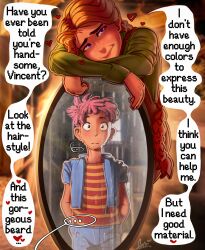 1boy boy female female forz_(artist) green_shirt leah_(stardew_valley) milf older_female older_female_and_younger_male orange_hair purple_eyes seductive seductive_look stardew_valley vincent_(stardew_valley) younger_male