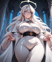 ai ai_generated blue_eyes civitai curvy curvy_female curvy_figure eteeming female female_only genderswap_(mtf) glowing_eyes halo palace robe robert_bumaro rule_63 scp_foundation solo thicc white_hair