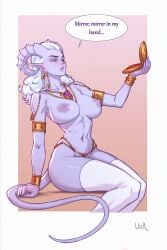 1girls armlet blue_eyes blue_sclera breasts draenei female gold horns jewelry large_breasts navel necklace nipples pointy_ears purple_skin sitting solo tail thighhighs ullr white_hair white_legwear world_of_warcraft