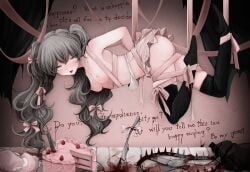 bear_trap black_thighhighs blood bow bra breasts butter_knife cake english_text food grey_eyes grey_hair hairbow hanging highres nude open_mouth pink_skirt ribbon skirt thighhighs tongue tongue_out twintails underwear yumeko_(devilxkid)