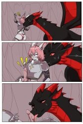 black_scales bunny_boy bunny_ears dragon femboy knight licking_penis male oral penis pink_hair pink_panties red_scales white_fur yonooshi