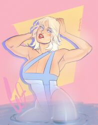 1girls artist_signature big_breasts blonde_hair blue_eyes busty cleavage cleavage_cutout fantastic_four invisible_woman light-skinned_female light_skin lipstick marvel marvel_comics sue_storm susan_storm swimsuit teatimedroan