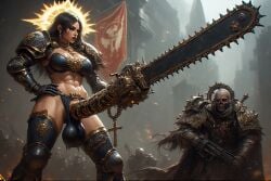 abs ai_generated balls battle big big_balls big_breasts chainsaw chainsaw_penis cross crucifix depraved247 futanari gigantic_breasts intersex muscular nipple_piercing penis_weapon sister_of_battle warhammer_40k weapon