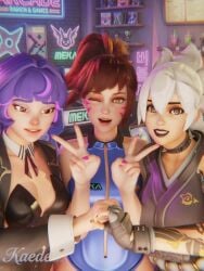 2026 3d 3girls brown_hair clothed_female d.va facial_markings hana_song hashimoto_kiriko image juno_(overwatch) kaede_kun kiriko_(overwatch) kiriko_kamori looking_at_viewer overwatch peace_sign purple_hair teo_minh white_hair winking_at_viewer
