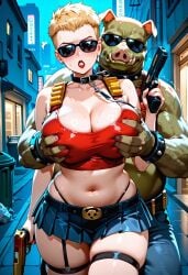1boy 1girls ai_generated alien belt blonde_female blonde_hair collar collar_and_leash crop_top duke_nukem duke_nukem_(series) fat_male female garter groping groping_breasts gun high_waisted_thong holding_gun interspecies male miniskirt orc_male pig_alien pleated_skirt rule_63 shades short_hair skindentation submissive_female sunglasses ugly_bastard ugly_male very_short_hair