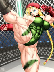 antenna_hair battle beret blonde_hair blue_eyes breasts cage_match cameltoe cammy_white camouflage erect_nipples extreme_muscles female female_only hat head_out_of_frame height_difference highres human large_breasts leotard long_hair muscle muscular_female open_mouth ren_(tainca2000) solo street_fighter thong_leotard tied_hair twintails very_long_hair