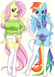 2015 anthro anthrofied big_breasts big_penis blue_skin blush breasts bulge clothing cutie_mark dickgirl equine feathers flaccid fluttershy_(mlp) friendship_is_magic green_eyes hair horse intersex legwear long_hair looking_at_viewer looking_away mammal multicolored_hair my_little_pony navel panties pegasus penis pink_eyes pink_hair pony rainbow_dash_(mlp) rainbow_hair shirt shorts smile standing stockings straight_hair sweater underwear vein wings ya-ya-tan yellow_skin