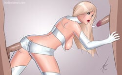 ass ass_cleavage bare_shoulders big_ass blonde_hair boots breasts butt_crack clothes_penetration clothesjob cum emma_frost female gloves heroineaddict large_breasts long_hair male marvel marvel_comics outercourse penis shorts white_queen x-men