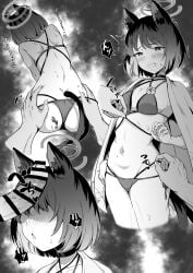 animal_ears ass back bikini black_choker blue_archive blush cat_ears cat_girl cat_tail choker female greyscale halo highres japanese_clothes kikyou_(blue_archive) kikyou_(swimsuit)_(blue_archive) layered_bikini monochrome multiple_tails navel official_alternate_costume penis penis_awe penis_on_face po_(podi_mahattaya) short_hair side-tie_bikini_bottom string_bikini swimsuit tail tuggin two_tails