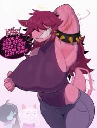 1girls alternate_body_type anthro breasts_bigger_than_head clothing deltarune dialogue female female_only huge_breasts kris_(deltarune) muscular muscular_female ralsei ryz_ryz sharp_teeth shaved_armpit solo solo_female spiked_armband susie_(deltarune) sweat tail tail_tuft text voluptuous wagging_tail