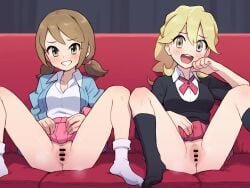 2girls :d bar_censor black_socks black_sweater blonde_hair blush breasts brown_eyes brown_hair censored chiwino clothes_lift collared_shirt commentary_request couch grin hand_up happy indoors jacket knees lass_(pokemon) lifting_own_clothes long_hair multiple_girls open_clothes open_jacket open_mouth pink_skirt pokemon pokemon_oras pokemon_xy pussy shirt short_twintails skirt skirt_lift smile socks spread_legs steaming_body sweater teeth twintails upper_teeth_only white_shirt white_socks