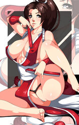 absurdres bare_shoulders barefoot breasts brown_eyes brown_hair cleavage dixi-q fan fatal_fury female female_only folding_fan gloves hair_ribbon human king_of_fighters large_breasts long_hair looking_at_viewer mai_shiranui open_mouth partially_visible_vulva pointy_chin ponytail revealing_clothes ribbon sash sitting smile snk solo tied_hair zoom_layer