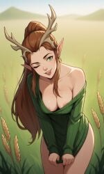 1girls ai_generated antlers ass bigmic145 breasts brown_hair cleavage critical_role critical_role:_vox_machina curvy dnd elf elf_ears fantasy female female_only freckles keyleth off_shoulder pointy_ear ponytail ribbed_sweater single_bare_shoulder sweater sweater_dress tease teasing the_legend_of_vox_machina
