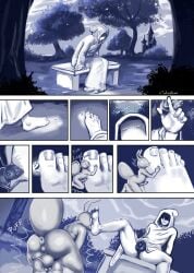 anthro ass back_view balls bulge bulge_through_clothing clothed clothing comic cybertuna erection erection_under_clothes feet feet_on_face from_behind gay human humanoid imminent_sex looking_down magic magician male male/male male_only nude outside penis transformation worship