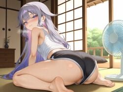 1girls ai_generated ass barefoot black_shorts blush fan female hololive hololive_english hot koseki_bijou long_hair no_panties purple_eyes purple_hair pussy_peek short_shorts sitting smile soles steam sweat thick_thighs thighs virtual_youtuber white_shirt