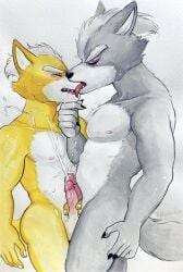 2boys animal_ears artist_name claws closed_eyes completely_nude cum ejaculation english_commentary erection facing_another fangs fox_boy fox_ears fox_mccloud fox_tail from_side frottage furry furry_male furry_with_furry highres licking_lips male_focus multiple_boys nipples nude open_mouth penis profile scar scar_across_eye scar_on_face star_fox tail tongue tongue_out traditional_media ulala_ko white_background wolf_boy wolf_ears wolf_o'donnell wolf_tail yaoi