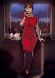 breasts busty christina_hendricks desk desk_lamp ganassa joan_holloway large_breasts mad_men necklace office red_dress red_hair stockings