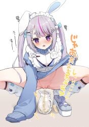 absurdres animal_ears blush bow censored commentary_request fake_animal_ears female full_body hair_ornament hairbow hairclip heart heart-shaped_pupils heart_hair_ornament highres jacket jersey_maid looking_at_viewer loose_socks low_twintails maid maid_headdress minami_(minami_omo) mosaic_censoring multicolored_hair open_mouth peeing purple_eyes purple_hair pussy shoes socks solo sound_effects squatting streaked_hair symbol-shaped_pupils teeth tosaki_mimi tosaki_mimi_(4th_costume) track_jacket twintails unconventional_maid upper_teeth_only urine virtual_youtuber vspo! white_background white_bow
