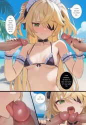 2boys 3boys ai_generated arm_garter bare_shoulders beach bikini black_bikini black_choker black_nails blonde_hair blush breasts choker comic day double_handjob english_text erection eyepatch fellatio female fischl_(genshin_impact) frilled_bikini frills genshin_impact green_eyes group_sex hair_over_one_eye handjob licking licking_penis long_hair maid_bikini maid_headdress male mmf_threesome multiple_boys open_mouth oral outdoors penis sky small_breasts solo_focus speech_bubble straight swimsuit thought_bubble threesome tongue tongue_out two_side_up uncensored unconventional_maid vysetf