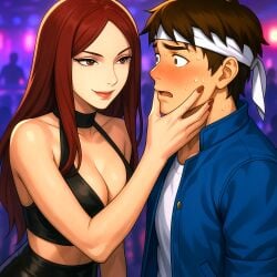 1boy1girl ai_generated anime anime_girl assertive_female babe bare_shoulders beautiful_females blue_jacket blush busty_female cleavage crossover crossover_pairing curvy dominant_female embarrassed eyelashes fantasy fighter fuuka_(naruto) halterneck hand_on_another's_face headband indoors king_of_fighters kunoichi large_breasts lipstick lovely makeup martial_artist nail_polish naruto naruto_shippuden neon_lights night nightclub people_in_background red_nails redhead_female seductive seductive_eyes sexy shingo_yabuki shocked shonen_jump snk sweating temptation video_game_character video_game_franchise video_games villainess_on_hero