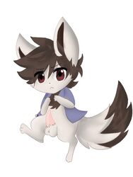 balls blush canine chest_tuft clothed clothing cute earthb-kun fennec feral fluffy fox fur hair looking_at_viewer male male_only mammal penis red_eyes solo white_fur