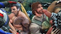 beard blowjob censored censored_penis cole_cassidy cum cum_on_face domredsins gay hand_on_head hanzo hanzo_shimada male male/female multiple_boys multiple_males muscular muscular_male oral oral_sex orgy orgy_sex overwatch tattoo tattoo_on_arm tattooed_arm